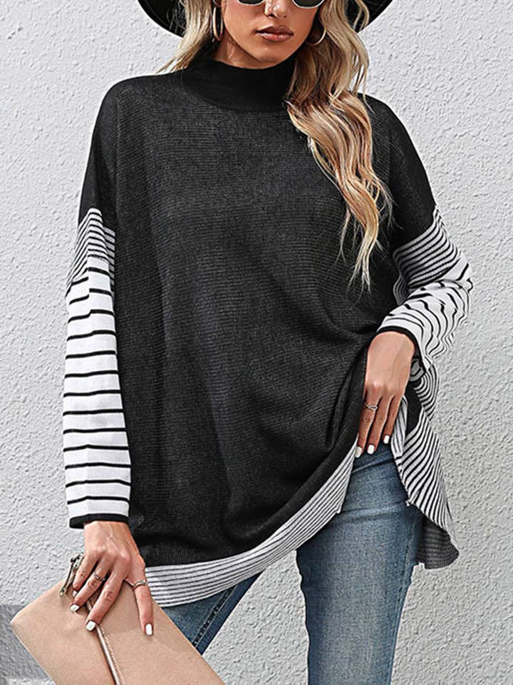Striped Patchwork Semi High Neck Loose Sweater