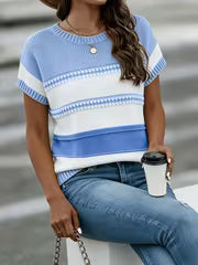 Breathable Hollow-Out T-Shirt - Loose Fit Short Sleeve Round Neck -Compatible Top | Color-Block Striped Suitable — view 3