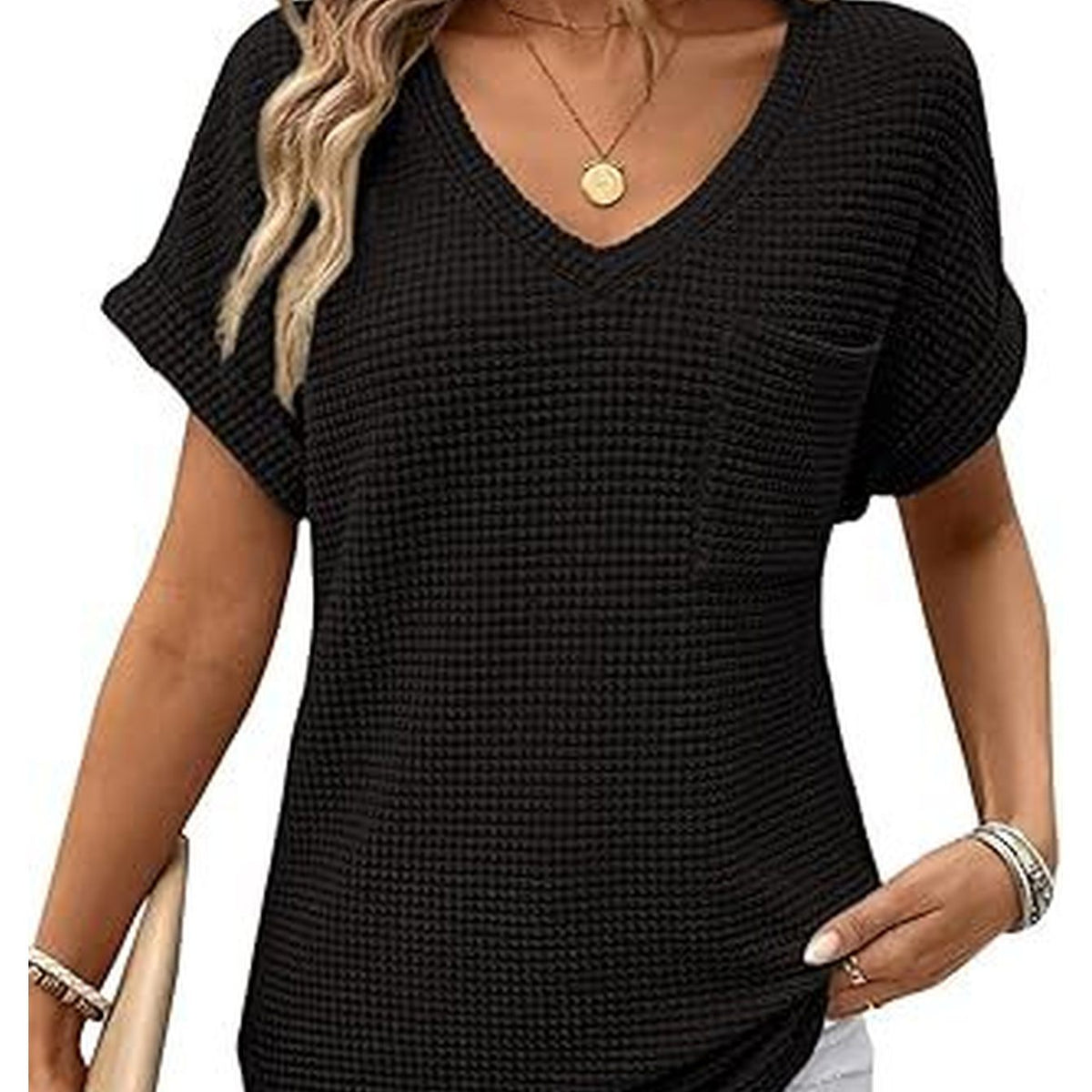 V-Neck Summer Short Sleeve Waffle Pocket Shirt