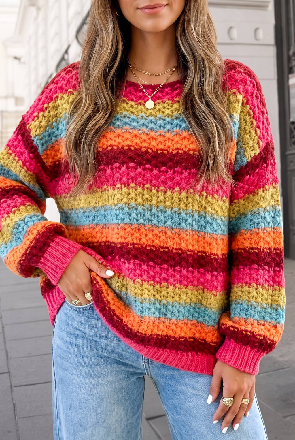 Women's Cute Striped Crewneck Oversized Knit Sweater FW26