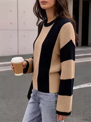 Women'S Lazy Style Crew Neck Striped Color Block Casual Long Sleeve Pullover, Stylish, Loose, Versatile, And — view 1