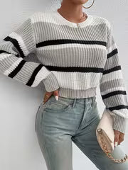 Striped Round-neck Cropped Sweater, Casual Long-sleeve Sweater for Spring and Autumn, Women's Clothing — view 2