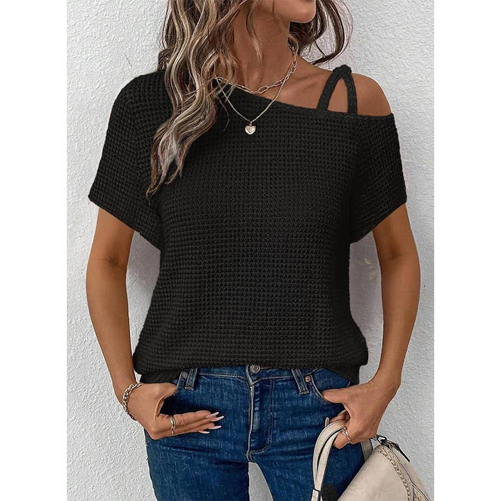 Short Sleeve Color Versatile Off-Shoulder Knit Top AXY048