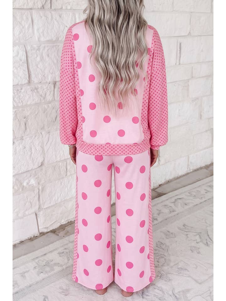 Polka Dot Contrast Patchwok Long Sleeve Pants Set — view 1