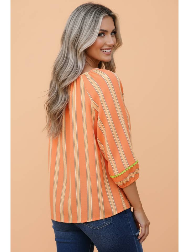 PRETTY BASH Stripe Tassel Tie Neck 3/4 Sleeve Blouse