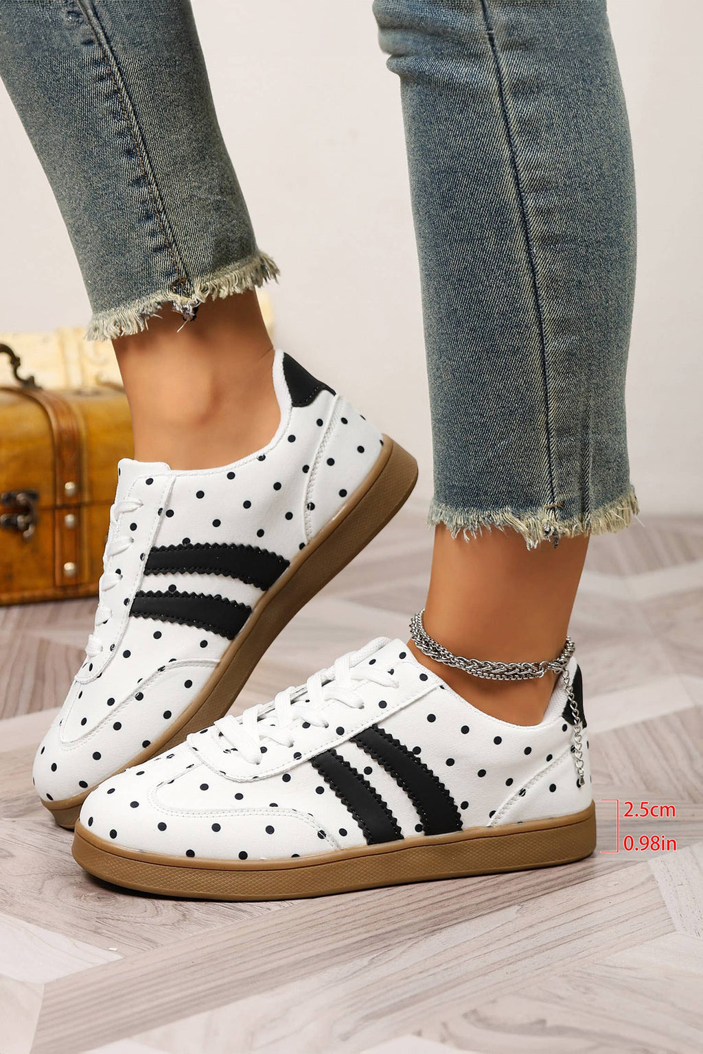 Polka Dot Print Pu Leather Color Block Casual Sneakers