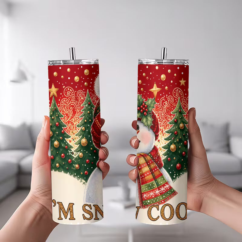 1pc 20oz Christmas Snowman with Red Hat And Scarf Standing In Front Of Decorated Pine Trees Under Starry Sky I M — view 8