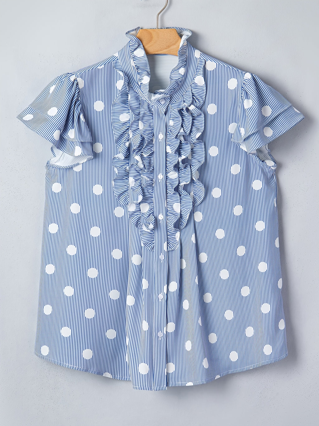 Sky Blue Stripe Contrast Polka Dot Print Pleated Ruffle Sleeve Shirt