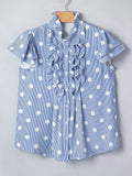 Sky Blue Stripe Contrast Polka Dot Print Pleated Ruffle Sleeve Shirt