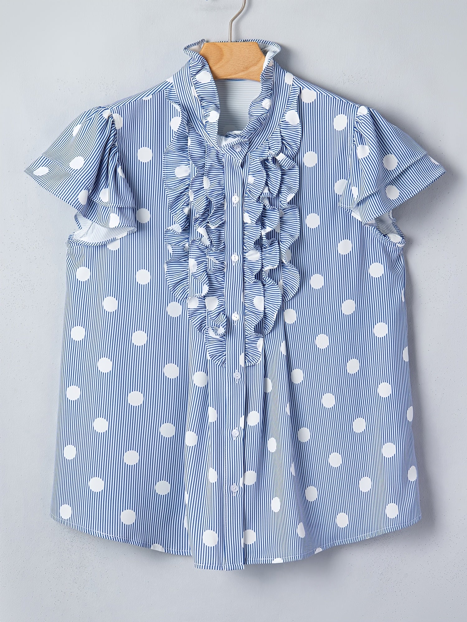 Sky Blue Stripe Contrast Polka Dot Print Pleated Ruffle Sleeve Shirt