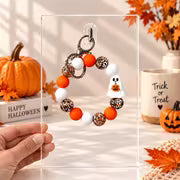 Halloween Beaded Wristlet Keychain, Cute Pumpkin Charm, Orange White Beaded Key Ring, Wristlet Bag Charm for — view 4