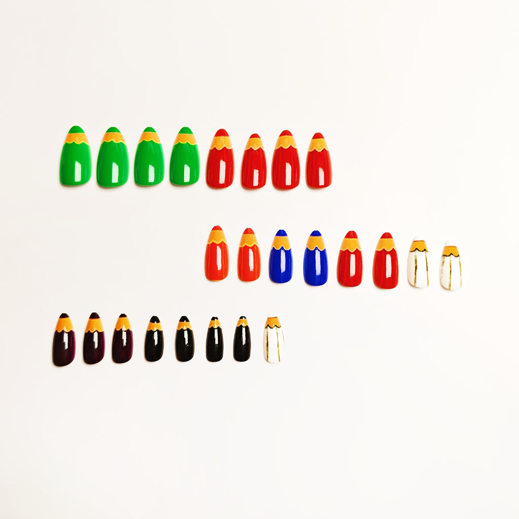 24pcs Press-On Nails, Green, Orange, Yellow, And Red, with Painted Pen And Crayon Brush Pattern Design, Fake Nails, Medium-Long Water Drop Nails, Glossy Removable Nail Pieces, Suitable for Daily Use, Suitable for Painting Occasions