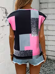 Vibrant Color Block Plaid Crew Neck T-Shirt - Soft Dacron And Spandex Blend, Micro Elasticity, Machine Washable — view 3