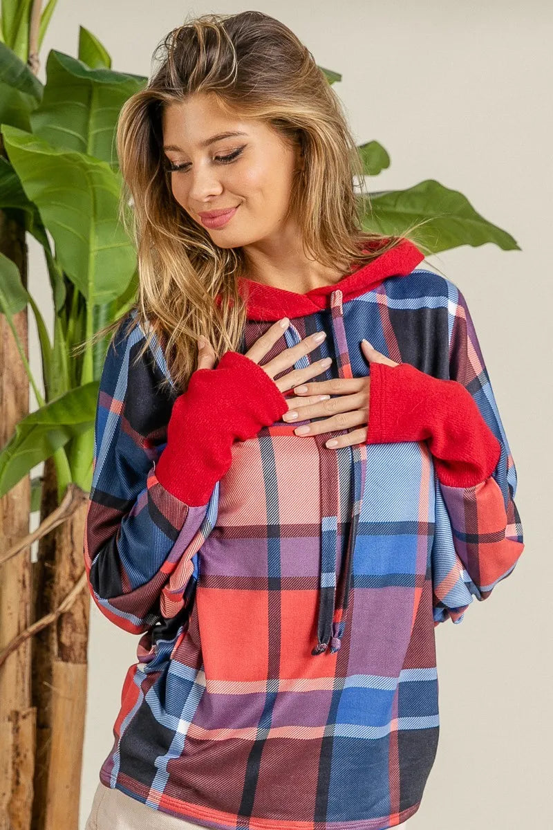 BiBi Plaid Mirr Brushed Rib Contrast Thumb Open Hoodie
