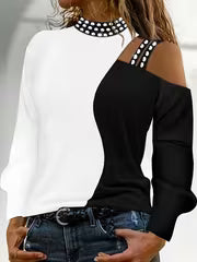 [Contrast Long-Sleeve Top] European and American Cross-Border Off-Shoulder • Black and White Contrast • — view 2