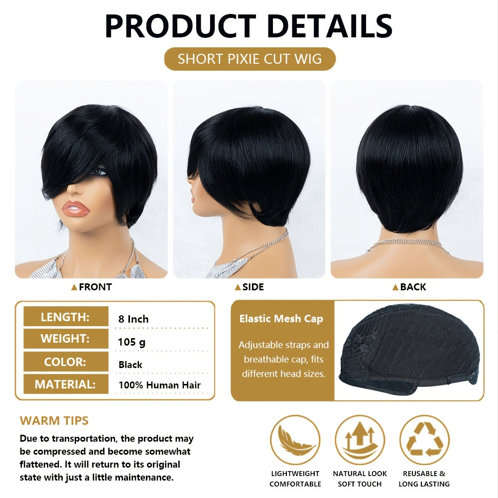 Women' Short Pixie Cut Wig with Bangs - Virgin Hair Straight Black Wig Suitable for Skin Tones, Breathable Elastic Mesh Cap, Layered Density for Daily Wear & Parties, Comfortable Wig for Parties and Everyday Hairstyle