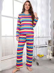 1. Women Round Neck Long Sleeve Colorful Rainbow Stripe Print Set Soft Friendly Spring Autumn Casual Home Long — view 6