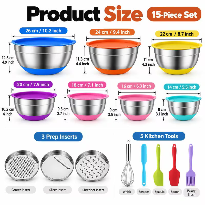 15pcs Stainless Steel Mixing Bowls Set, 7 Nesting Bowls with Colorful Lids, Non-Slip Silicone Base, Includes 3 — view 9