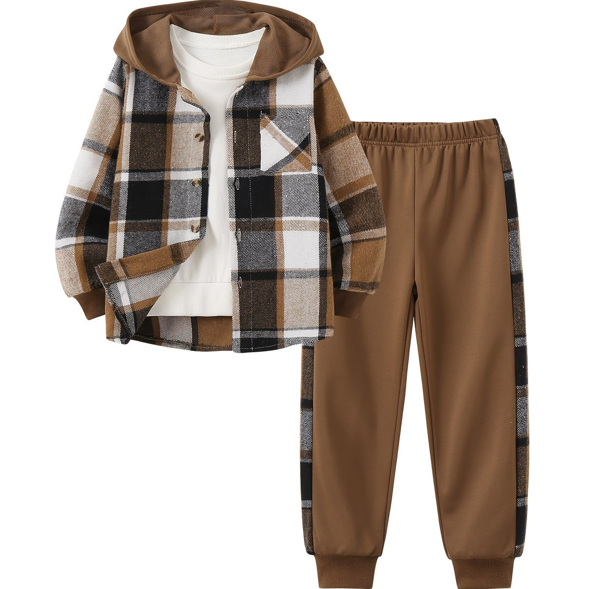 2pcs Autumn And Winter Boys' Fashion Set: Hooded Plaid