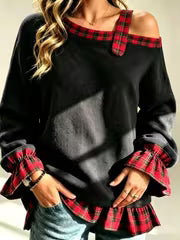 Fall Women'S Asymmetric Cold Shoulder Sweatshirt, Plaid Patchwork Flare Cuff Long Sleeve Loose Casual Pullover — view 9