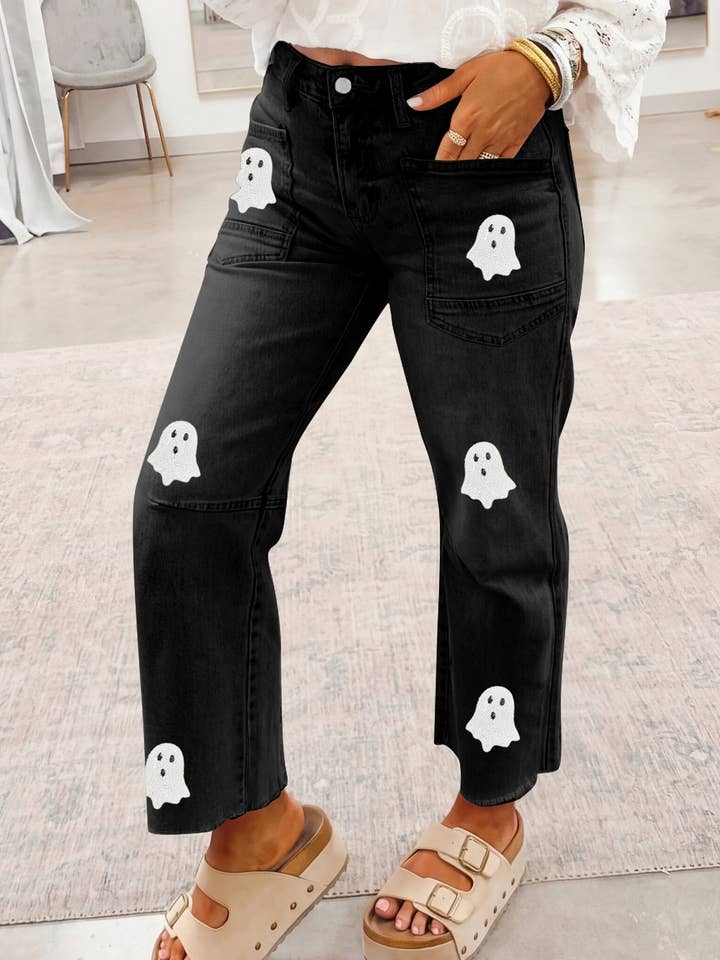 Black Sequin Ghost Graphic Raw Hem Casual Jeans — view 2