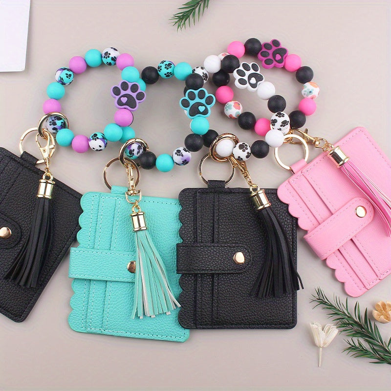 Dog Paw with PU Card Holder Accessory, Tassel Keychain Bracelet Bead Pendant