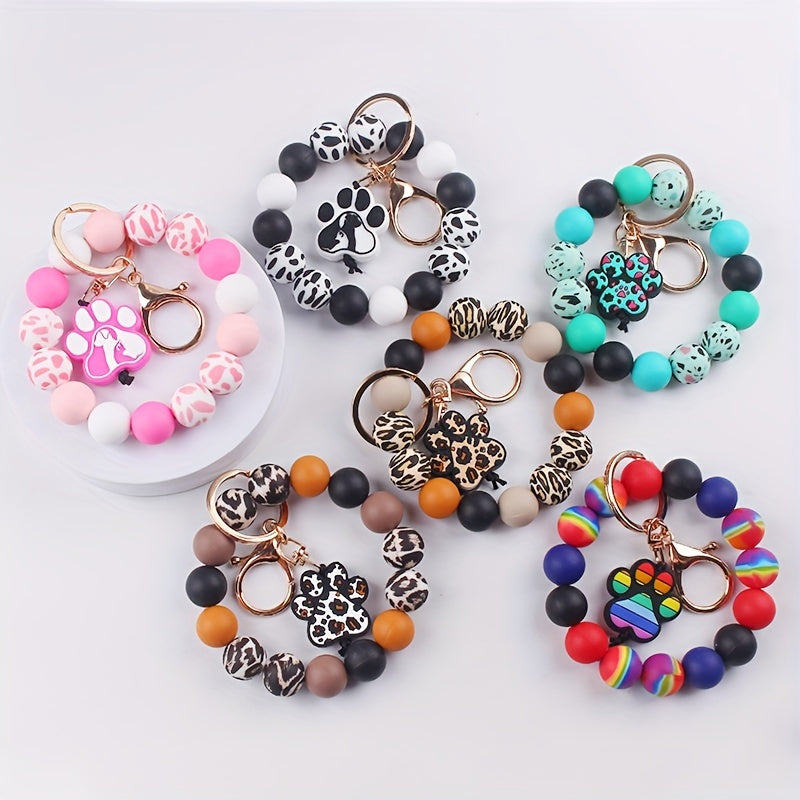 New Hot-Selling Silicone Beaded Keychain Accessory, Creative DIY Cartoon Dog Paw Charm Bracelet Keyring, Women's Bag Charm and Car Pendant