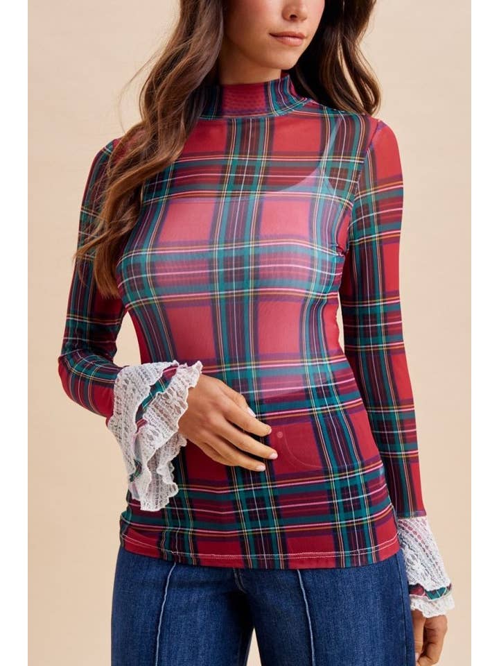 Christmas Check Ruffle Sleeve Stretch Mesh Top — view 2
