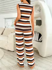 2pcs Spring Summer Multicolor Striped Casual Vest And Pants Pajama Set — view 2