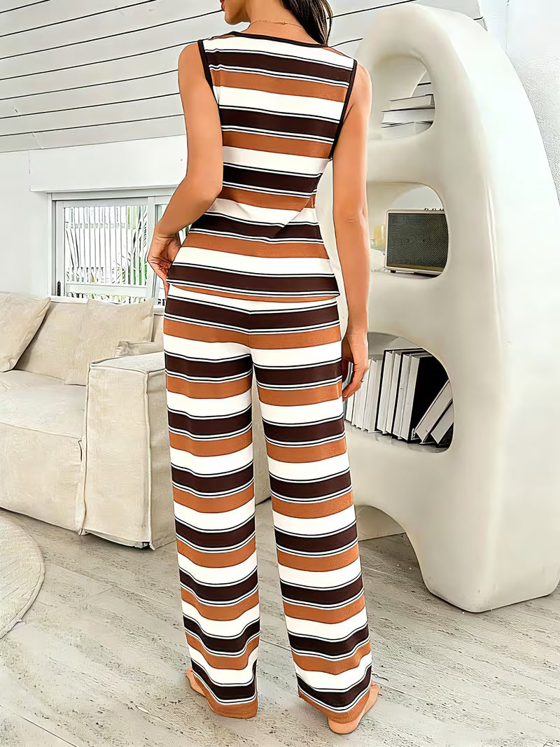 2pcs Spring Summer Multicolor Striped Casual Vest And Pants Pajama Set — view 7