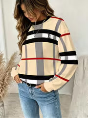Women'S Fashion Hoodie, Classic Plaid Pattern in Pale Beige Base with Contrast Stripes, Casual Daily Wear — view 2