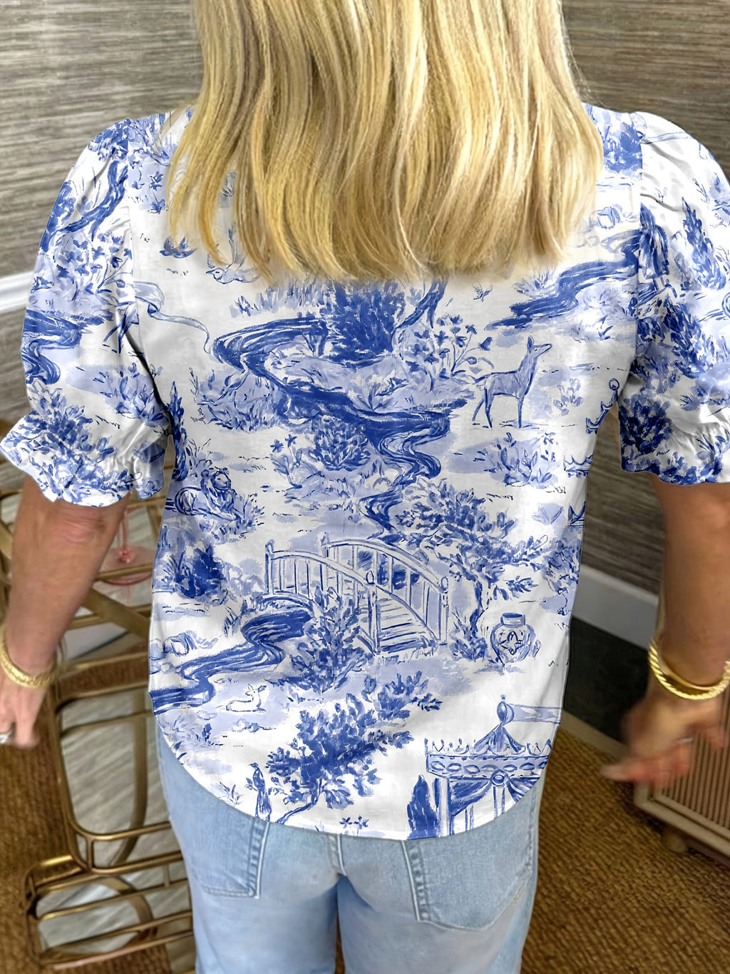 Blue Wild Animal Paradise Striped Detail V Neck Blouse