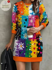 Women's Autumn/Winter Casual Daily Vibe Round Neck Sweatshirt with Colorful Doodle Heart, Daisy, and Checkered — view 1