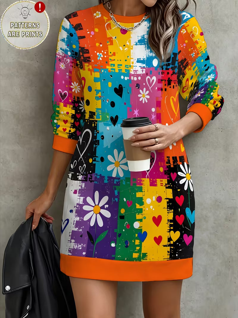 Women's Autumn/Winter Casual Daily Vibe Round Neck Sweatshirt with Colorful Doodle Heart, Daisy, and Checkered — view 6