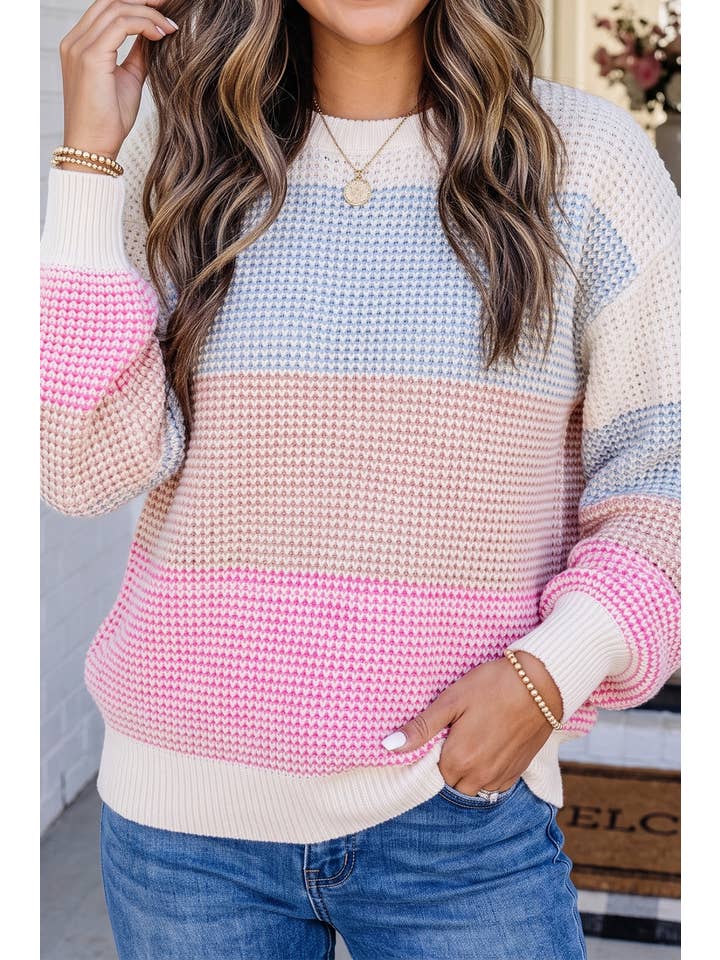 Las Colorblock Crew Neck Casual Vacation Sweater (S-Xl)