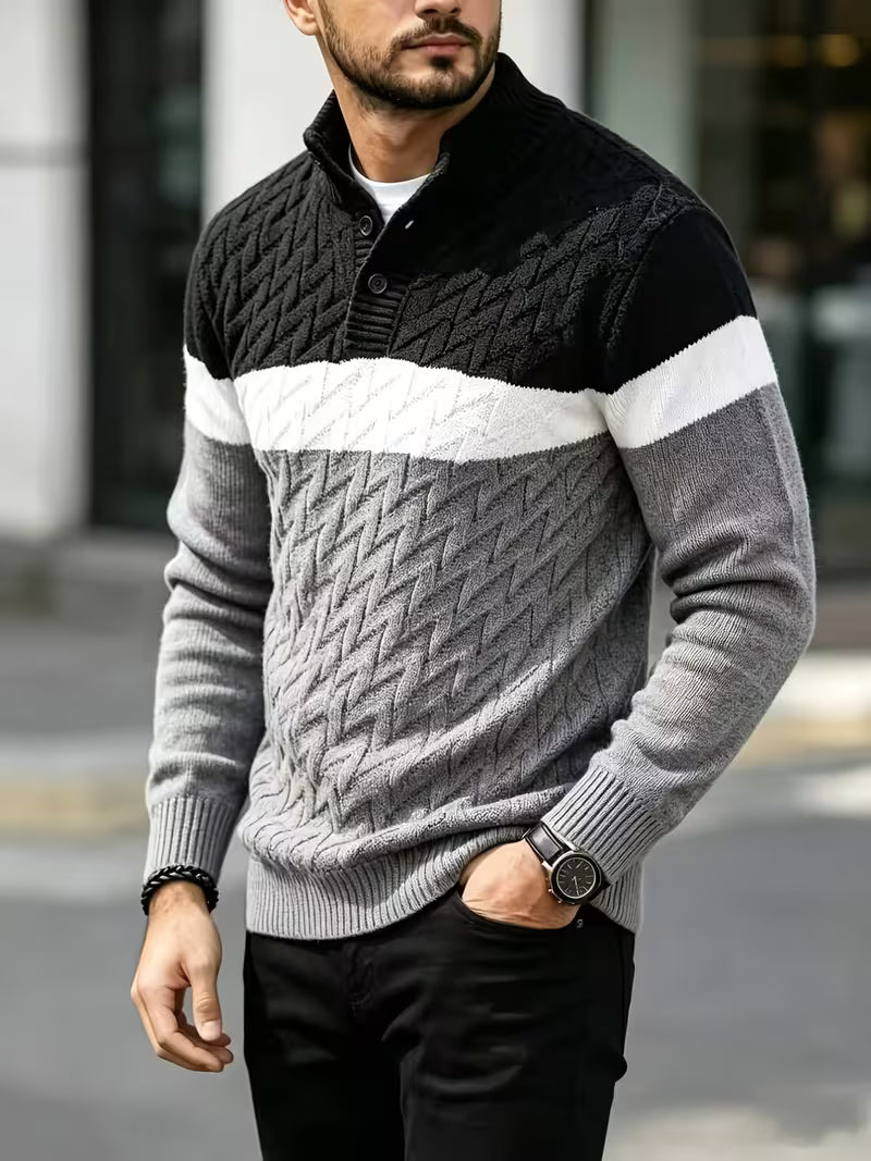 JANE DRESSINGLOG Men's Business and Leisure Style Half High Collar Color Blocked Twisted Flower Knitted Sweater — view 7