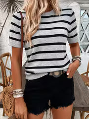 Women' Short Sleeve -Compatible Top - Round Neck Striped Stretch Suitable for Body Types, Casual & Office Wear — view 1