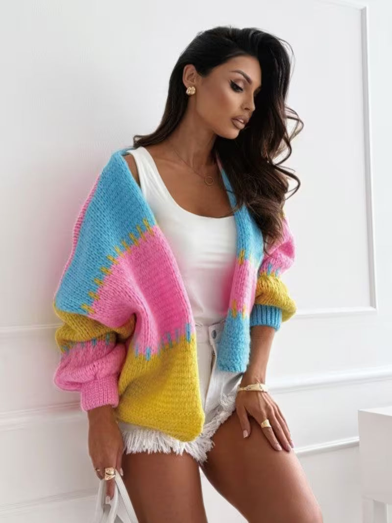Color Block Short Cardigan for Women, Loose Fit Sweater Jacket with Blue Pink Yellow Patchwork Design, Casual — view 5