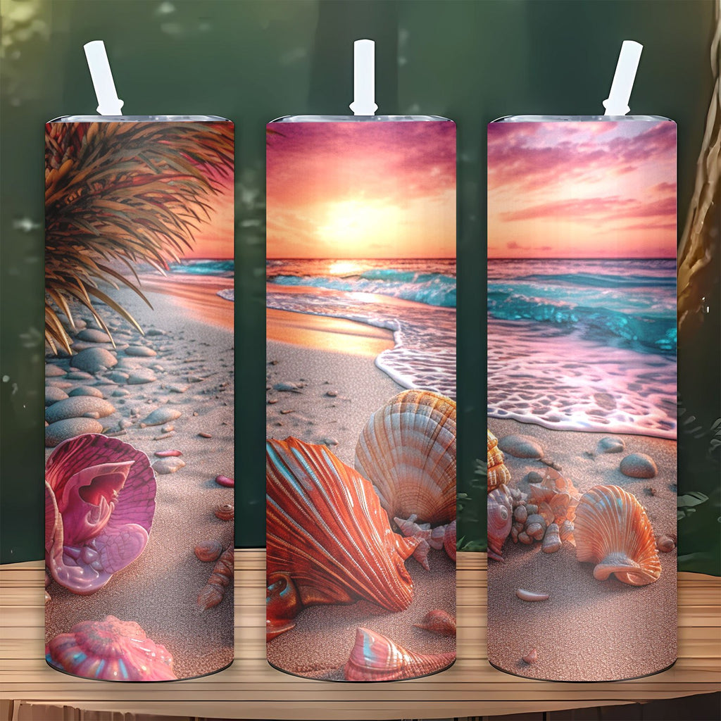20oz Stainless Steel Tumbler with Seashell Beach Design - Vacuum Insulated Travel Mug with Lid and Straw