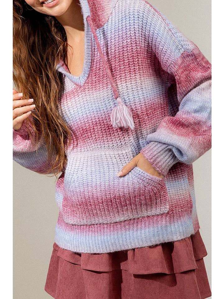 Multi Color Ombre Knit Hoodie Sweater with Pocket — view 5