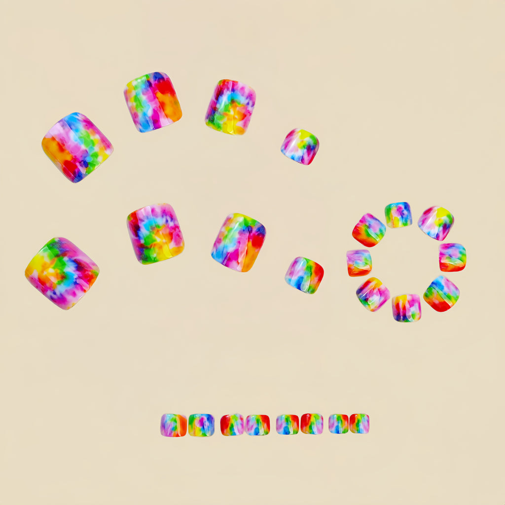 24pcs Rainbow Ombre Watercolor Press-On Nails Toe Nails Short Square Glossy Toenails Universal Reusable Y2K Artistic Style Nail Art Removable Fake Nails Press-On Nails