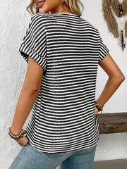 Women's V-Neck Short Sleeve Loose Fit Striped Casual Pullover T-Shirt - Black & White Horizontal Stripes, Ribbed — view 4