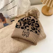 Women's Leopard Print Beanie with Faux Pom-Pom & Heart Embroidery Trim - Elastic Suitable for Daily Outdoor — view 13