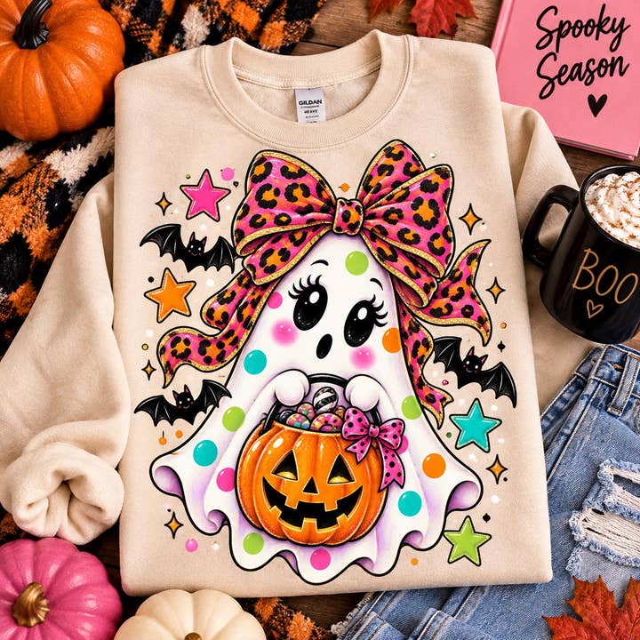 Polka Dot Halloween Ghost Sweatshirt, Pink Leopard Bow Shirt — view 3