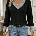 Autumn Winter New Contrast V-Neck Ribbed Top Women'S Loose