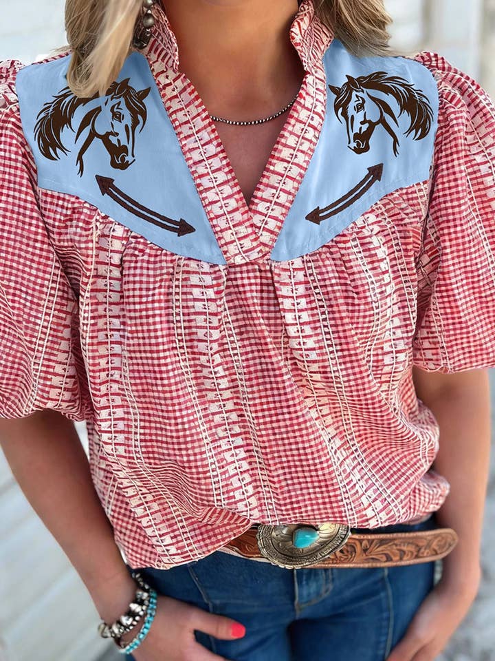 Brown Western Pony Embroidered Yoke Puff Sleeve Gingham Blouse