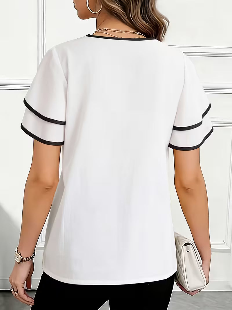 [Elegant Women's Blouse] Summer New Fashionable Beautiful V-Neck Ruffled Short Sleeve Date Office Commute — view 4