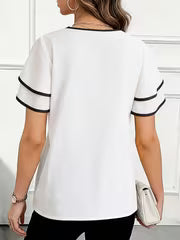 [Elegant Women's Blouse] Summer New Fashionable Beautiful V-Neck Ruffled Short Sleeve Date Office Commute — view 3