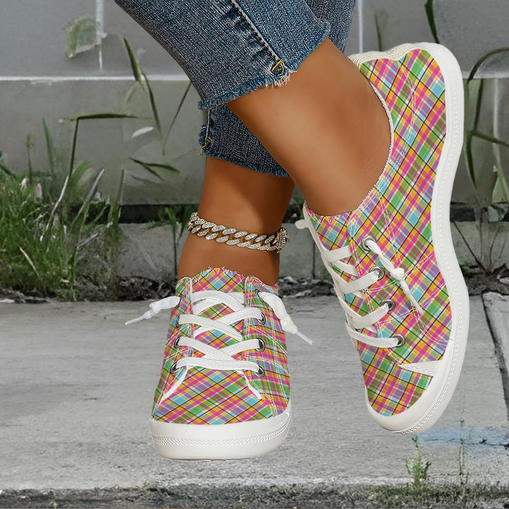 Women's Sports Casual Shoes, Colorful Plaid Lace-up Shoes, Non-slip Wear-resistant Casual Board Shoes, Breathable Lightweight Slip-on Plus Size Women's Shoes, Women Shoes, Sneakers