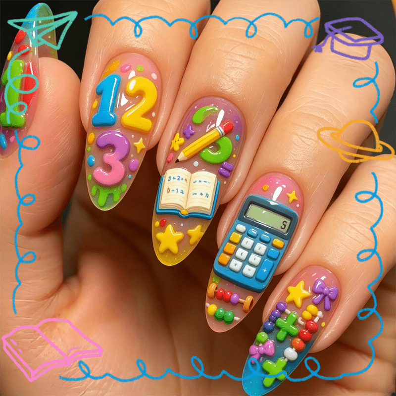 72pcs Almond Gradient Pink Blue Press on Nails Back to School Math Theme 3D Colorful Number 123 Calculator Math Book Pencil Abacus Bow Plus Star Drip Print Fake Nail Tips Glossy Reusable Manicure Nails for Teen Campus Long Nail Decor